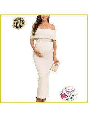 Off Shoulder Maternity Maxi Dress Sleeveless Ruched Bodycon Baby Shower